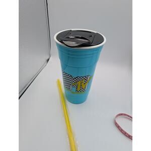 MTV Travel Tumbler 32oz Aqua Blue Checkered Logo To Go Cup with Straw NEW